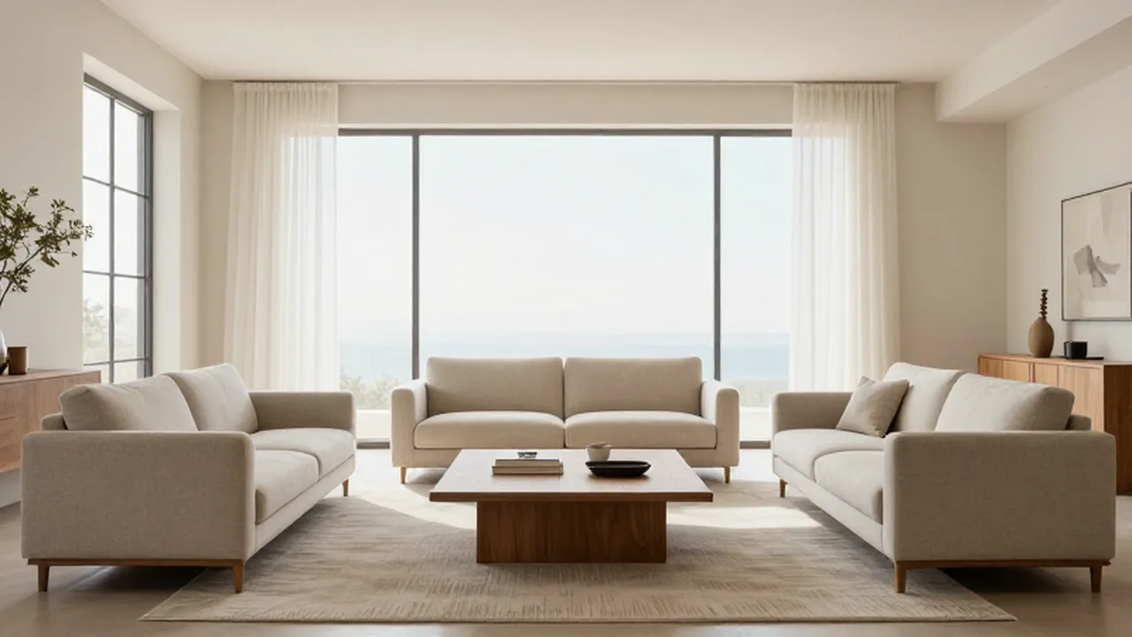 Salón luminoso con dos sillones enfrentados y una mesa de madera sobre una alfombra neutra.