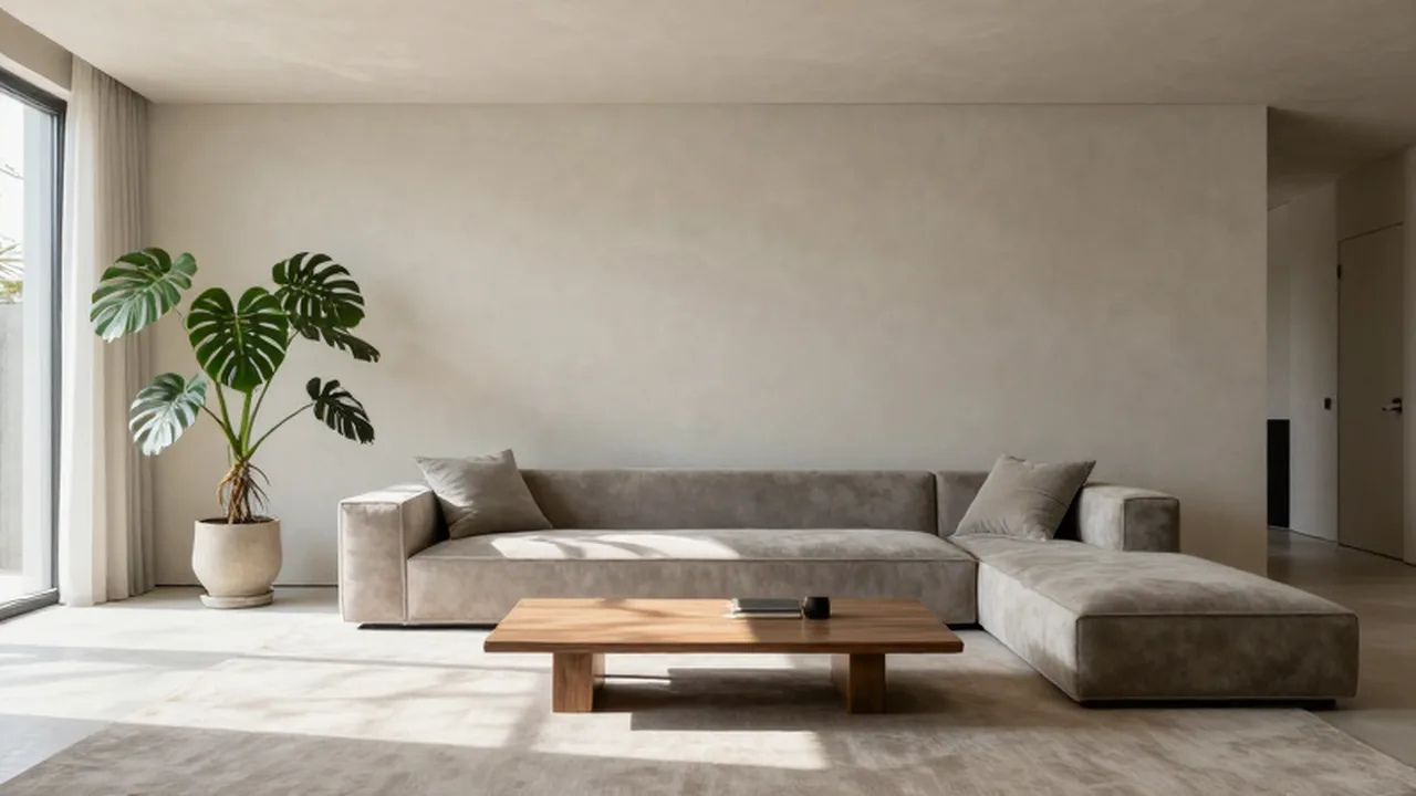 Sala de estar minimalista con un sofá de terciopelo, mesa de madera y una planta monstera.