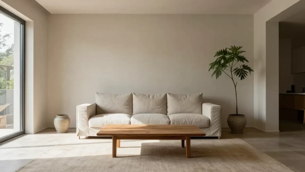 Salón moderno y luminoso con un sofá de lino