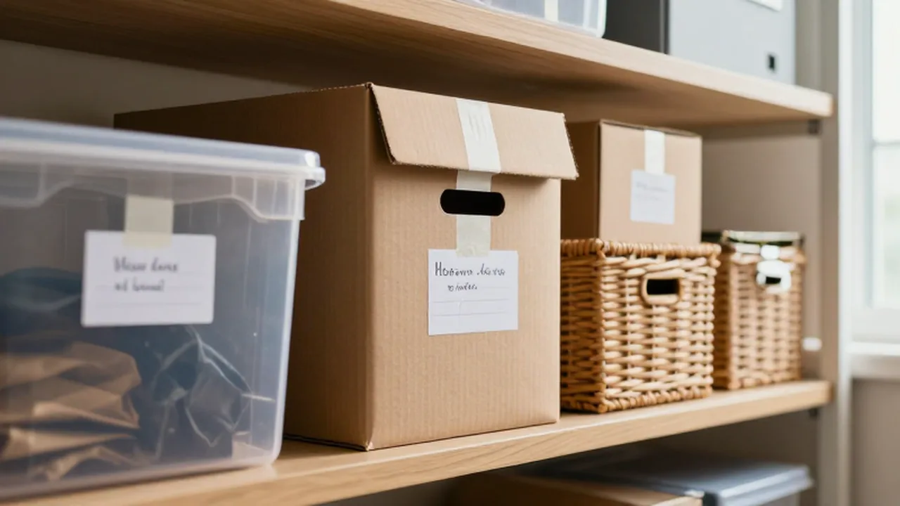 Cajas de plástico, cartón y cestas de mimbre organizadas con etiquetas en estanterías de madera.