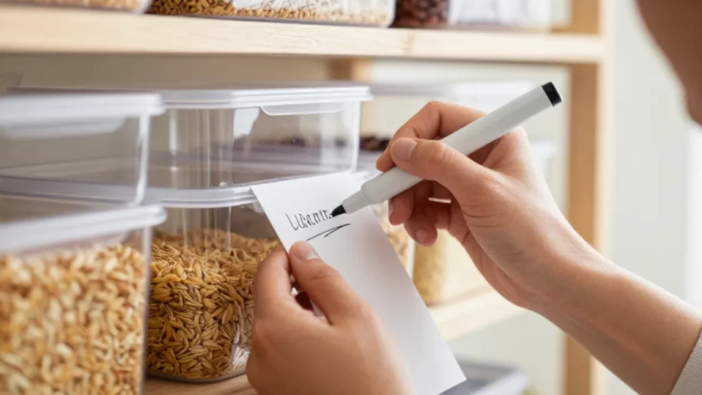 Manos escribiendo con un rotulador sobre una etiqueta blanca en recipientes de cocina organizados.