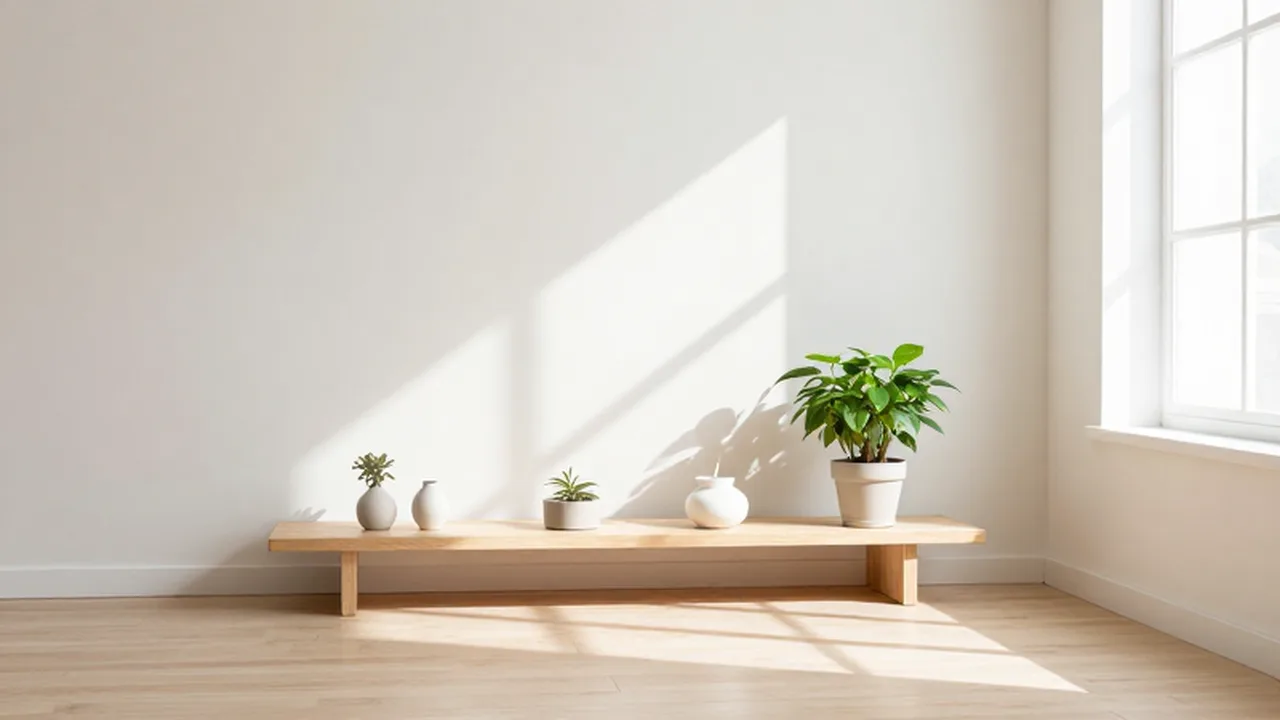 Rincón de una sala iluminada con una estantería de madera, una planta verde y objetos decorativos.
