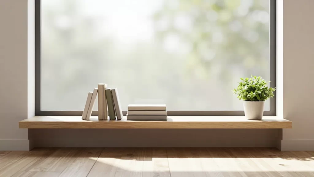 Estante de madera con tres libros y una pequeña planta en un salón luminoso y minimalista.