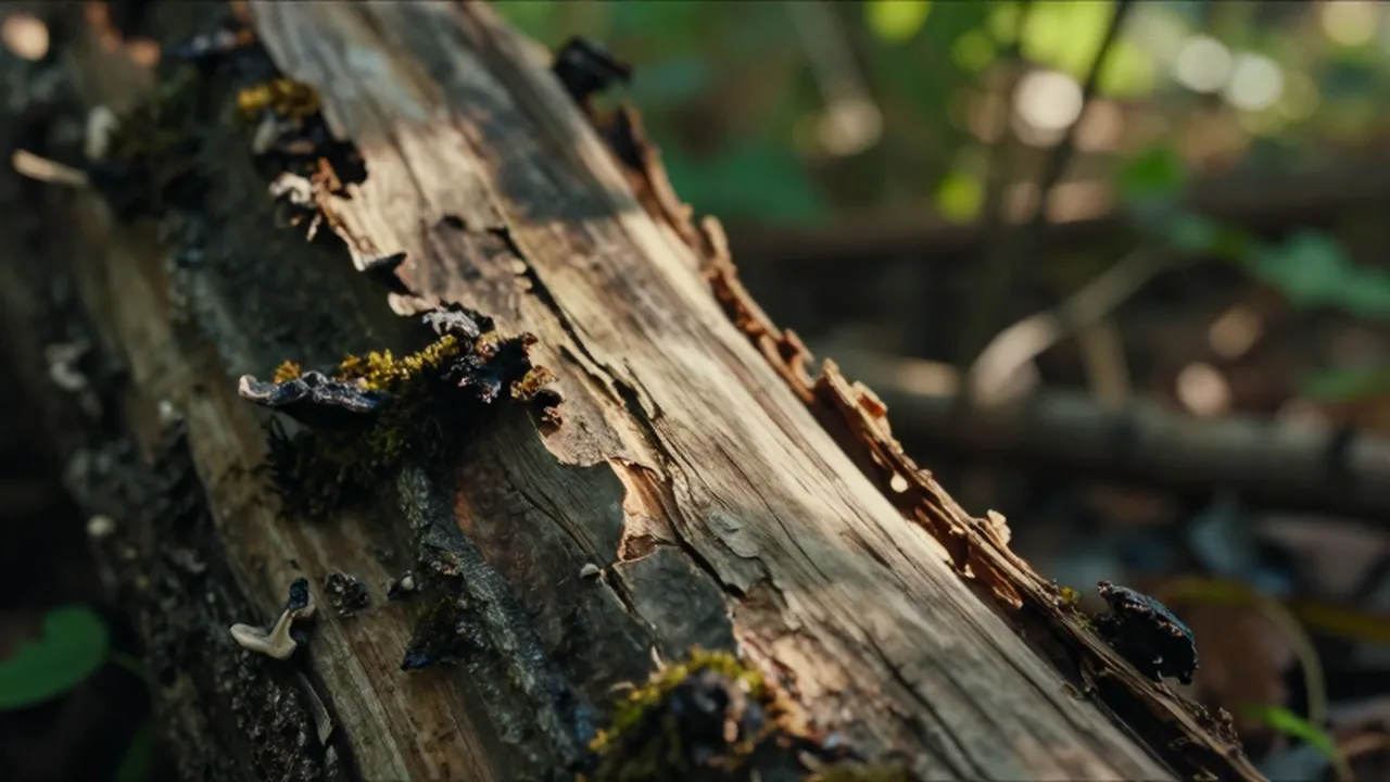 Tronco de árbol en descomposición cubierto de musgo oscuro y hongos bajo la luz matutina.