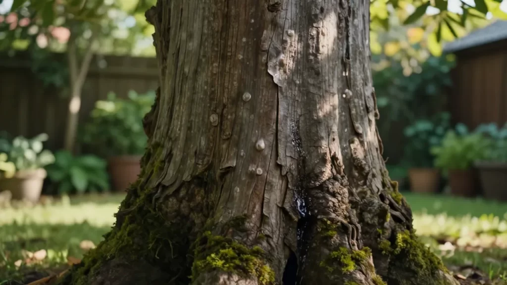 Tronco de árbol con grietas y musgo en un jardín bañado por la luz solar.