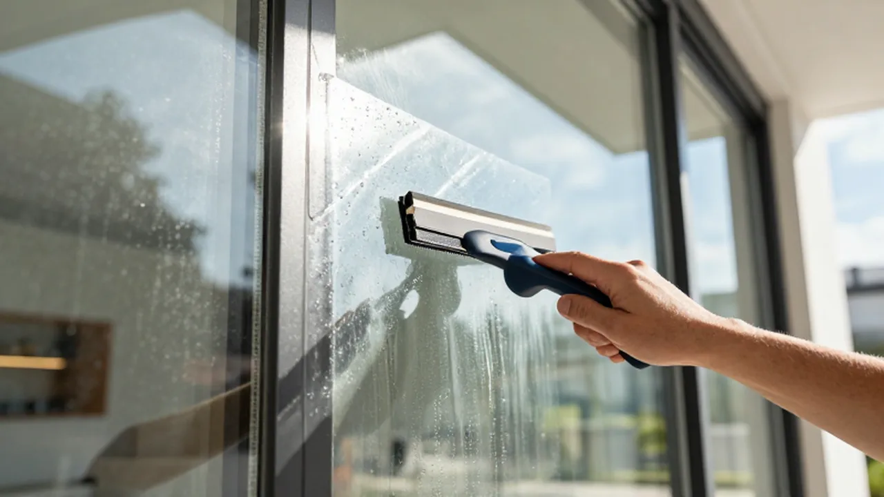 Una mano usa una espátula profesional para instalar una lámina protectora solar en un ventanal.