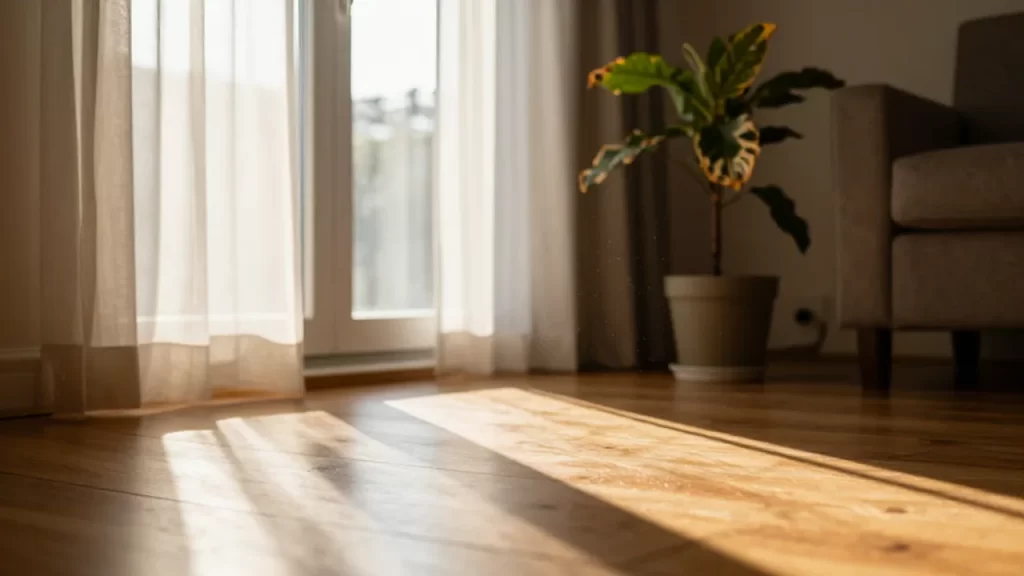 Ráfagas de luz solar atraviesan una cortina y bañan un suelo de madera en una sala.