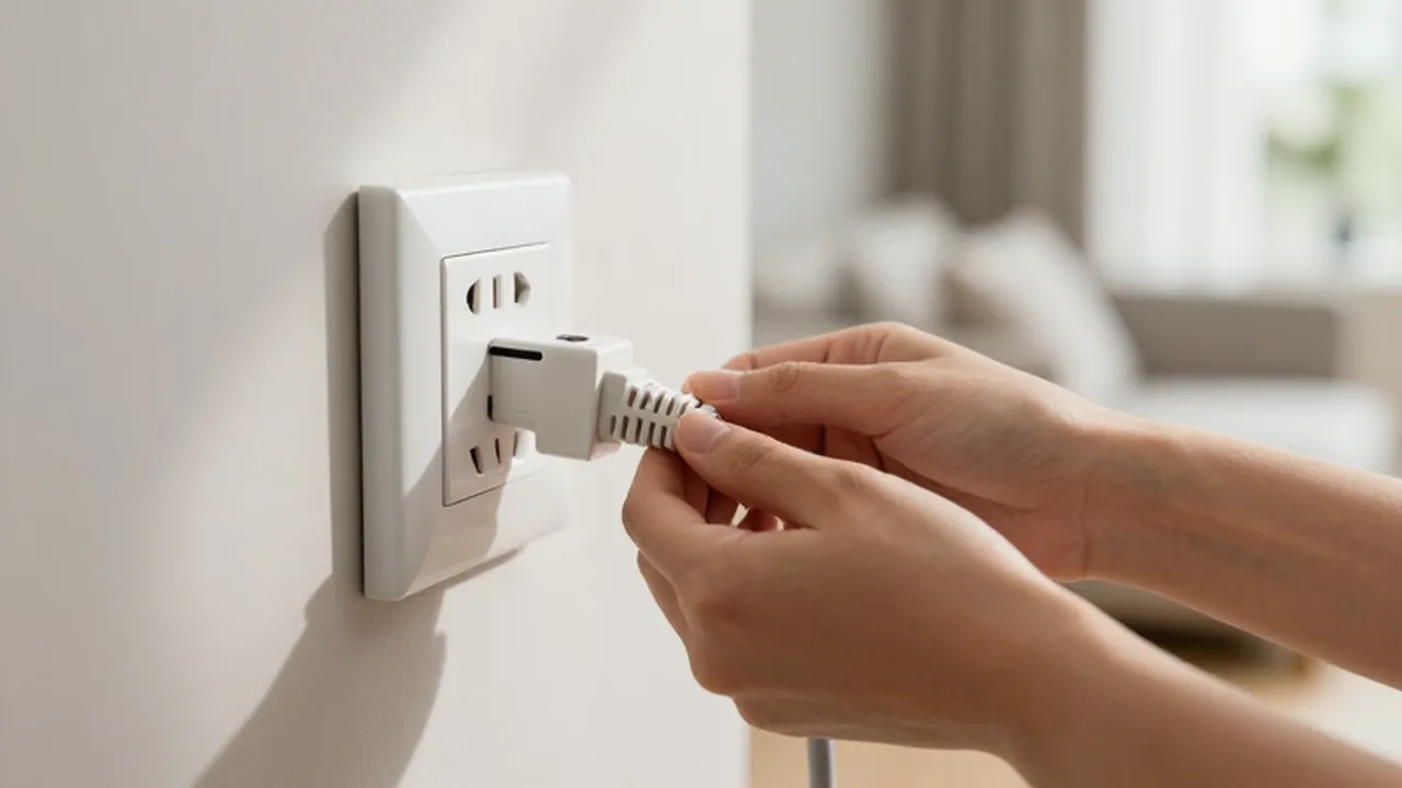 Manos conectando con cuidado el enchufe de un aparato eléctrico en una toma de pared.
