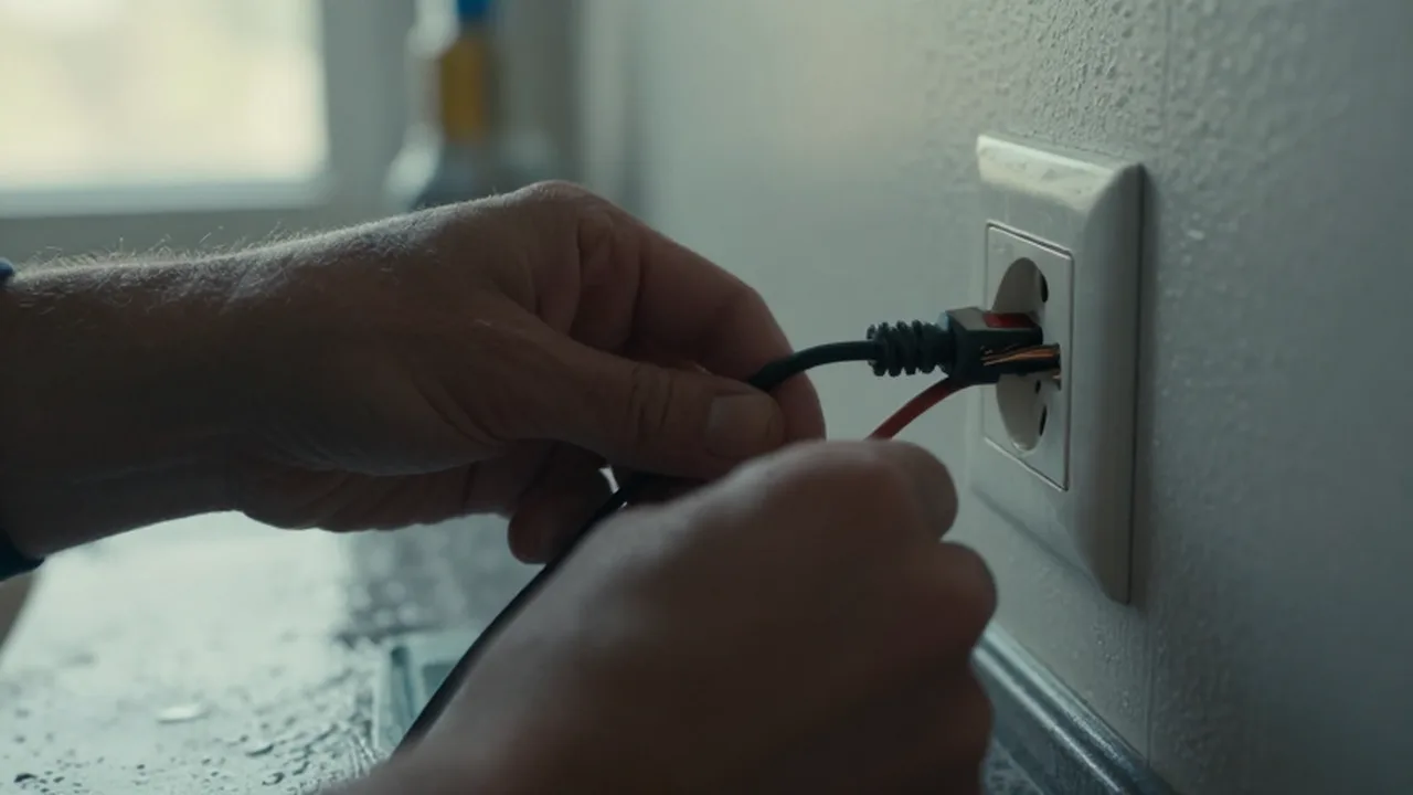 Manos intentando conectar un cable eléctrico pelado y con cobre expuesto en un enchufe.