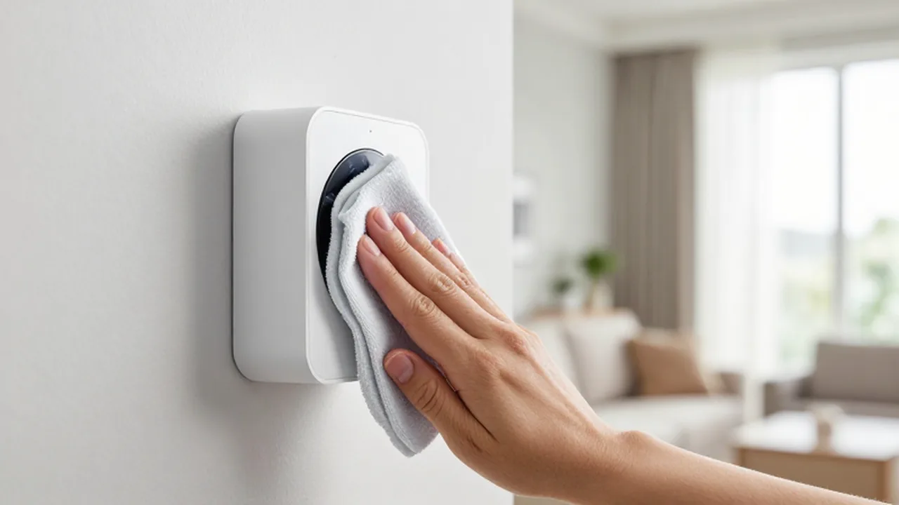 Una mano limpia con un paño de microfibra un sensor de seguridad blanco en la pared.