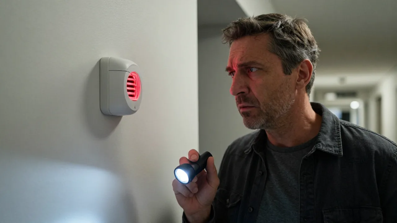 Hombre con expresión de confusión observa una luz roja parpadeante en un detector de humo.