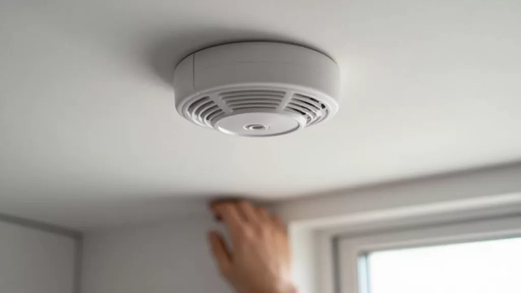 Detector de humo moderno instalado en un techo blanco bajo una luz suave de sol.