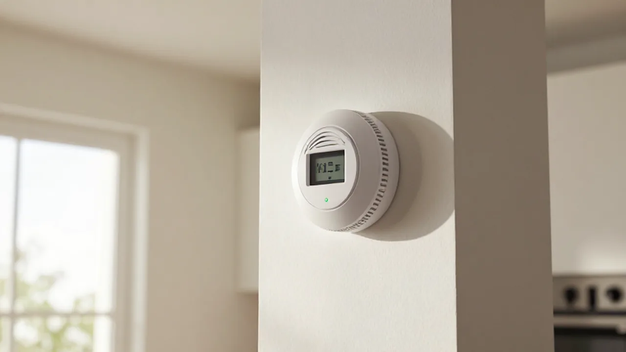 Detector de monóxido de carbono con una luz verde situada en una pared blanca de la cocina.