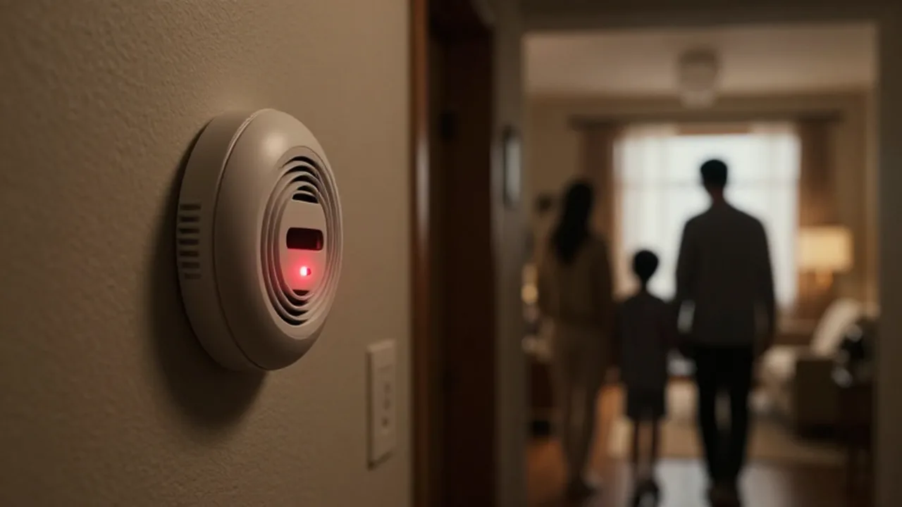 Detector de monóxido de carbono con luz roja encendida en un pasillo con una familia al fondo.