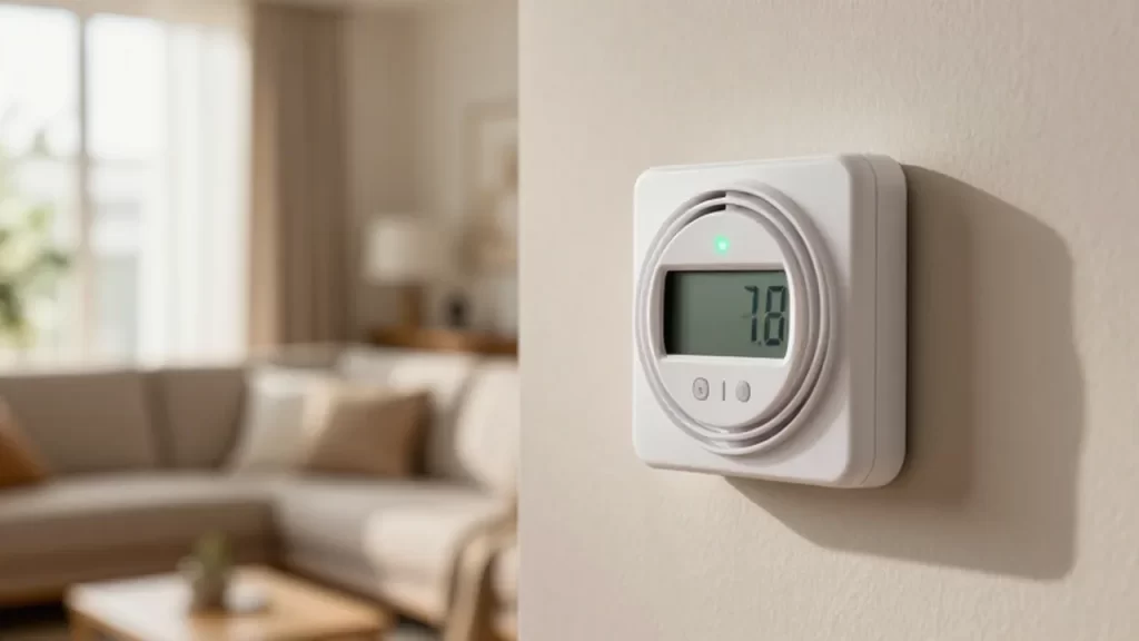 Detector de monóxido de carbono digital con luz verde instalado en una pared de salón iluminado por el sol.