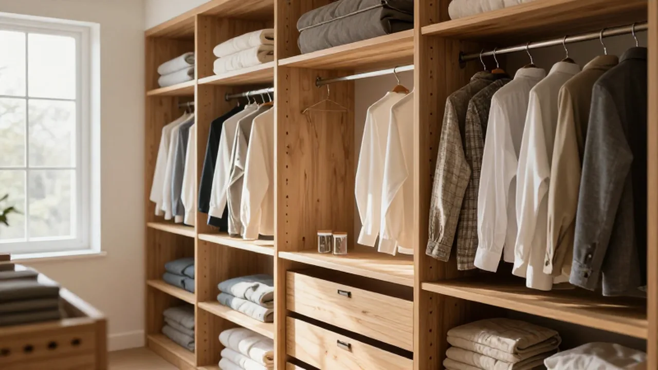 Vestidor minimalista con estantes de madera de cedro y ropa de lino perfectamente organizada.