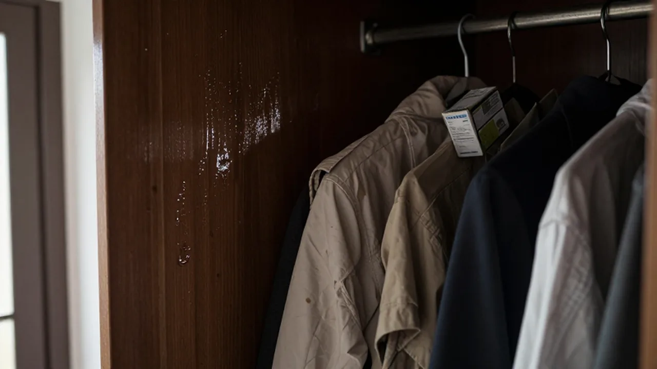Interior de un armario de madera con ropa arrugada y manchas de humedad en el fondo.