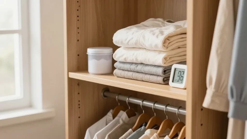 Ropa de tonos neutros organizada en un armario de madera con un higrómetro y absorbedor de humedad.