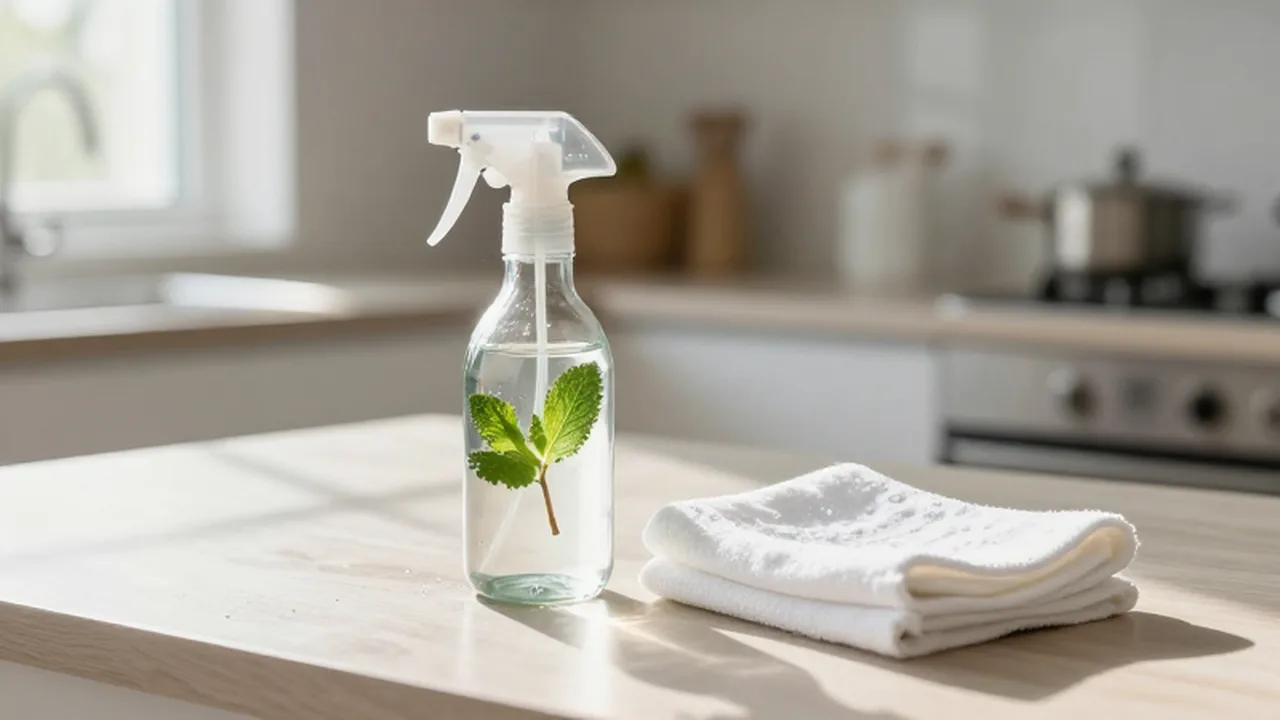 Botella de spray con menta fresca y un paño de microfibra sobre una encimera luminosa.