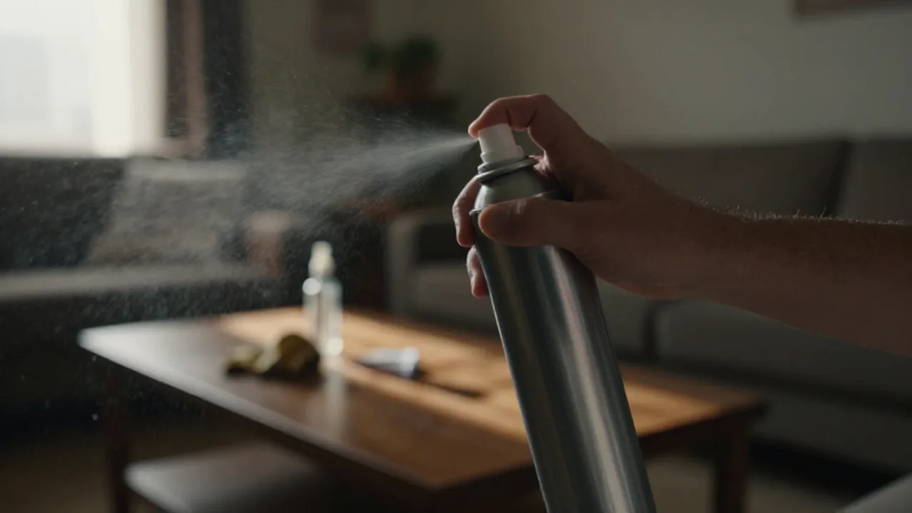 Mano rociando un aerosol de ambientador en una sala de estar con luz natural.