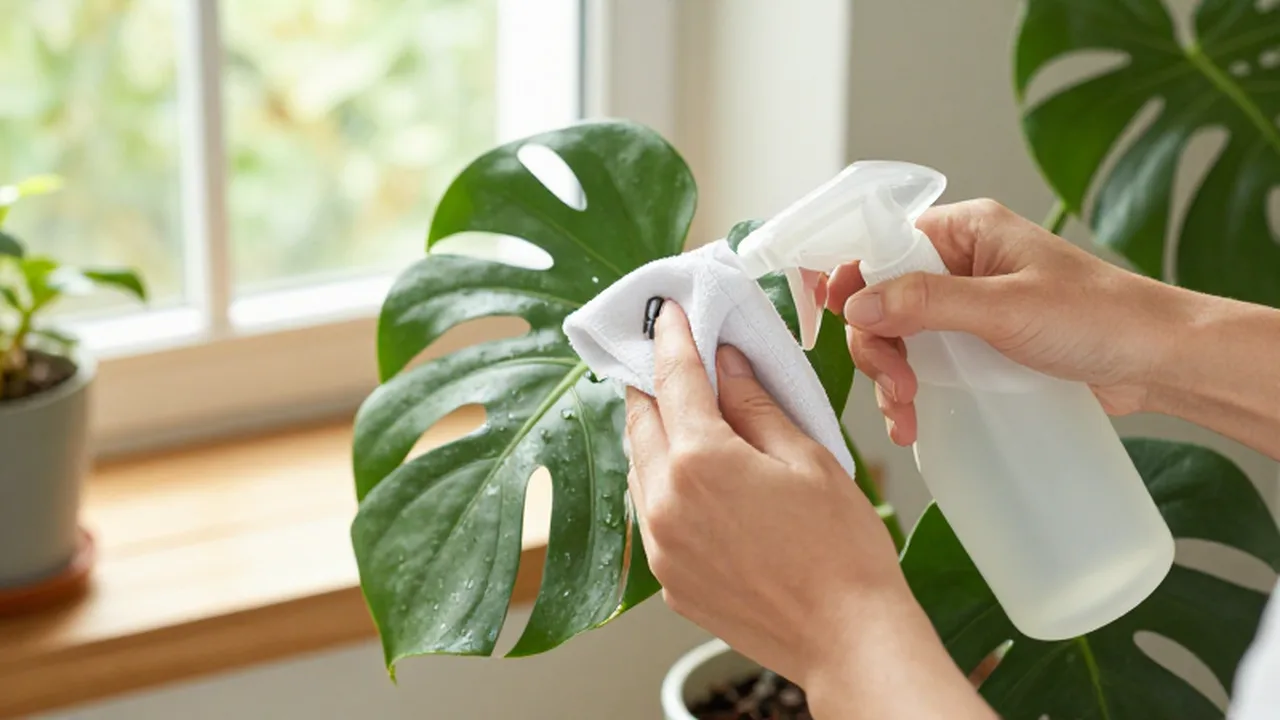 Manos limpiando delicadamente las hojas verdes de una planta Monstera con un pulverizador y un paño.