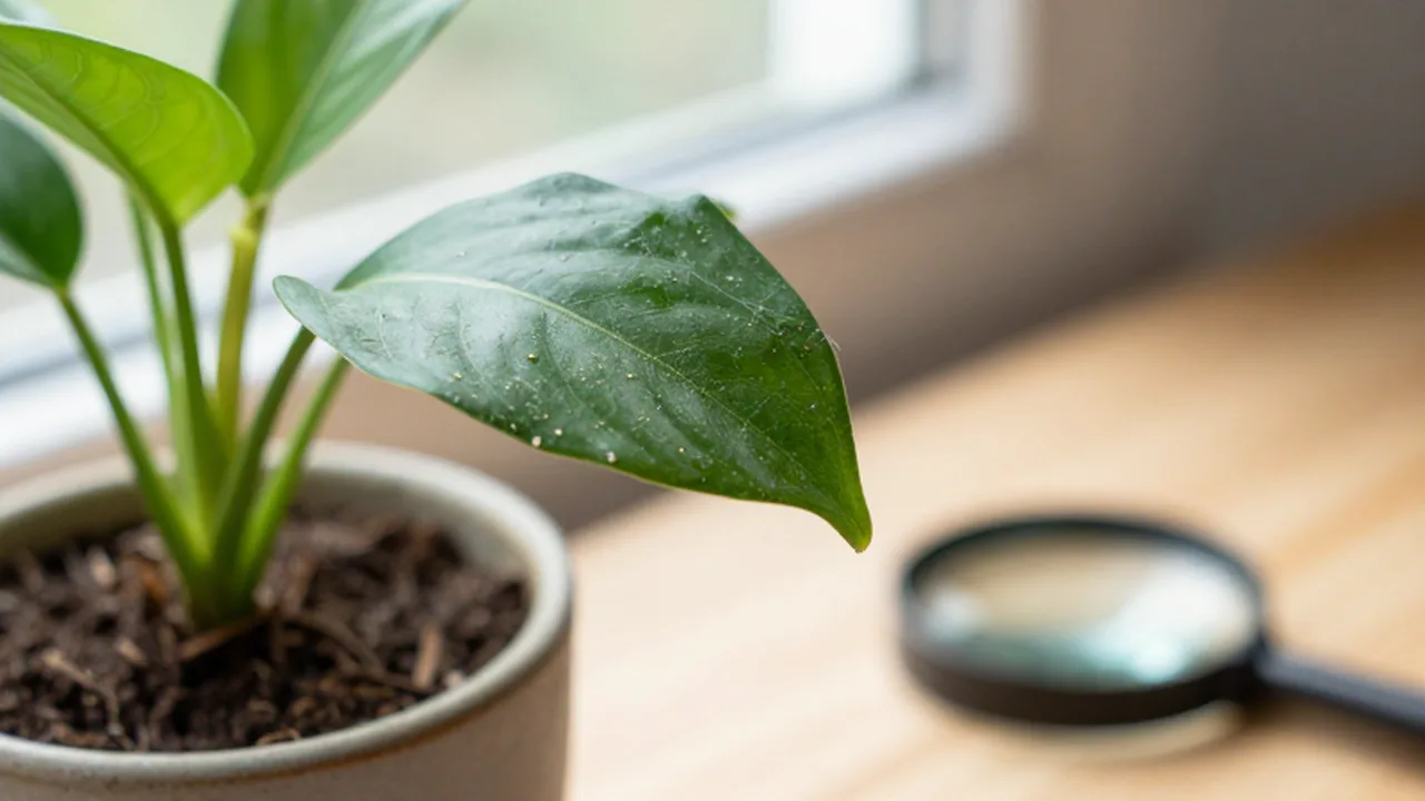 Primer plano de una planta de interior con pequeñas manchas blancas y telarañas bajo sus hojas.
