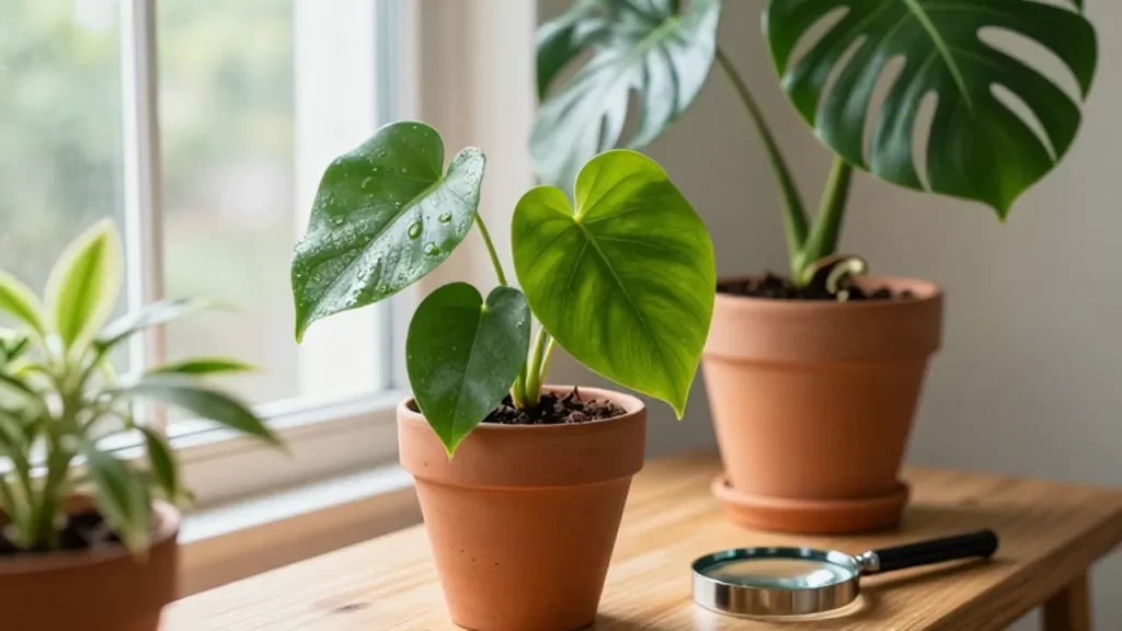 Plantas de interior verdes en macetas de terracota con una lupa sobre una mesa de madera.