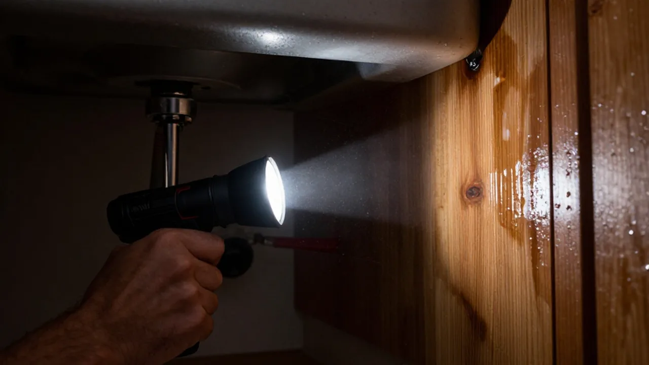 Persona inspeccionando con una linterna posibles fugas y humedad bajo el fregadero de una cocina.