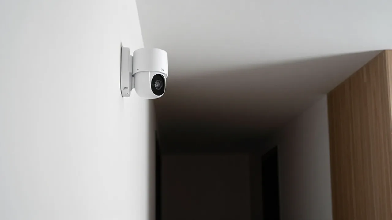 Cámara de seguridad inteligente instalada en una pared blanca que vigila un pasillo en penumbra.