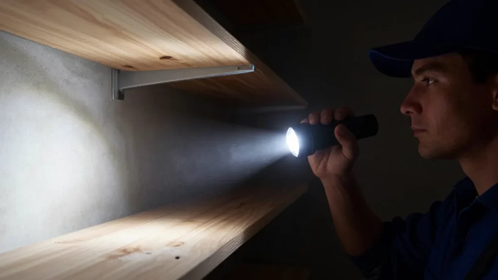 Persona inspeccionando con una linterna LED los rincones oscuros de un cuarto de almacenaje.