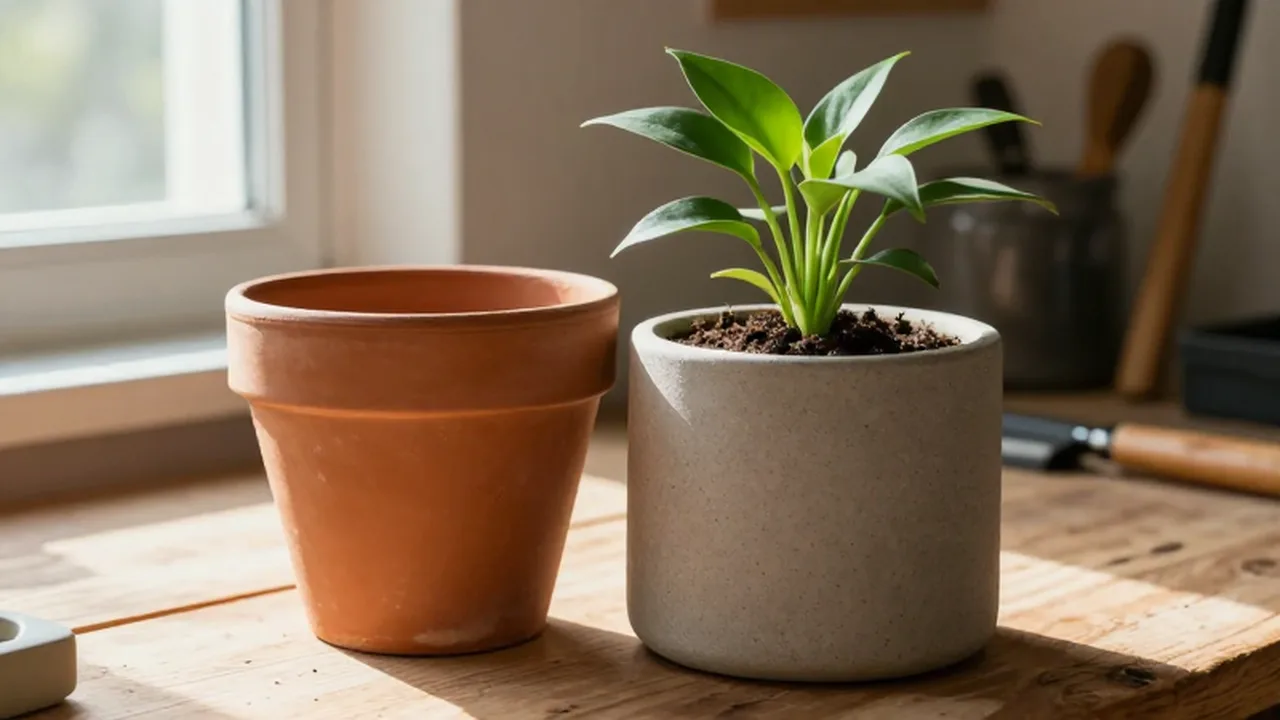 Maceta de terracota y una de resina con una planta verde sobre un banco de madera.