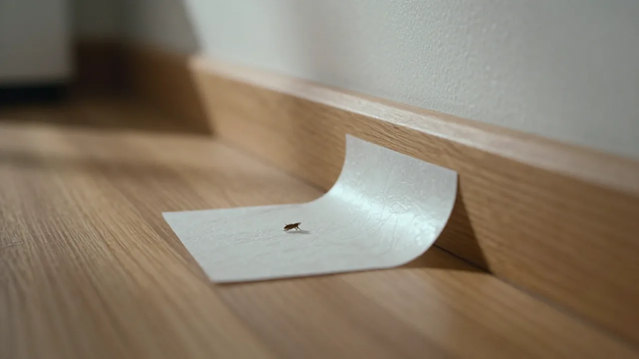 Trampa adhesiva para insectos con un pequeño bicho capturado sobre un zócalo de madera.
