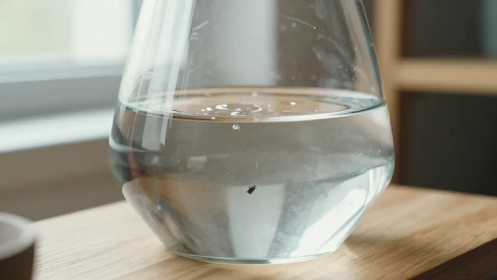 Trampa de insectos de vidrio geométrico con agua sobre un estante de madera iluminado por el sol.