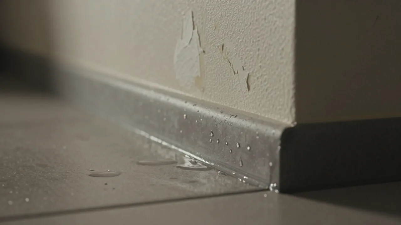 Gotas de agua y manchas de humedad en la junta de los azulejos de una cocina.