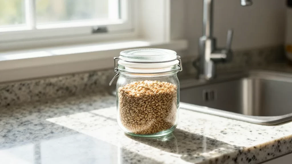 Frasco de vidrio hermético con granos sobre una encimera de granito en una cocina luminosa.