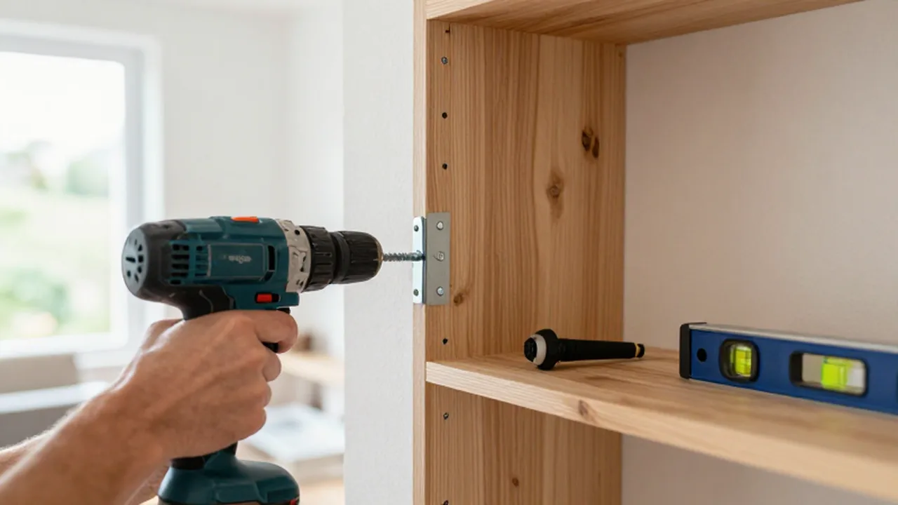 Manos sujetando un taladro eléctrico para fijar un estante de madera a la pared con un soporte metálico.