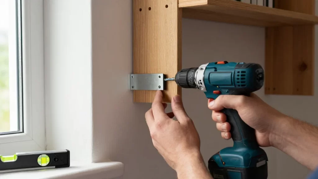 Manos sujetando un taladro inalámbrico para fijar un soporte metálico a una estantería de madera.