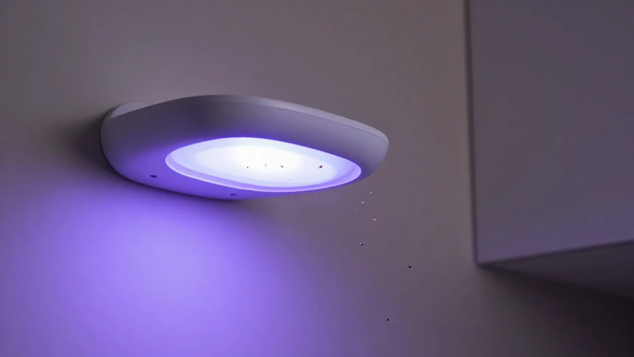 Trampa de luz ultravioleta moderna colgada en una pared de cocina mientras atrae insectos al atardecer.