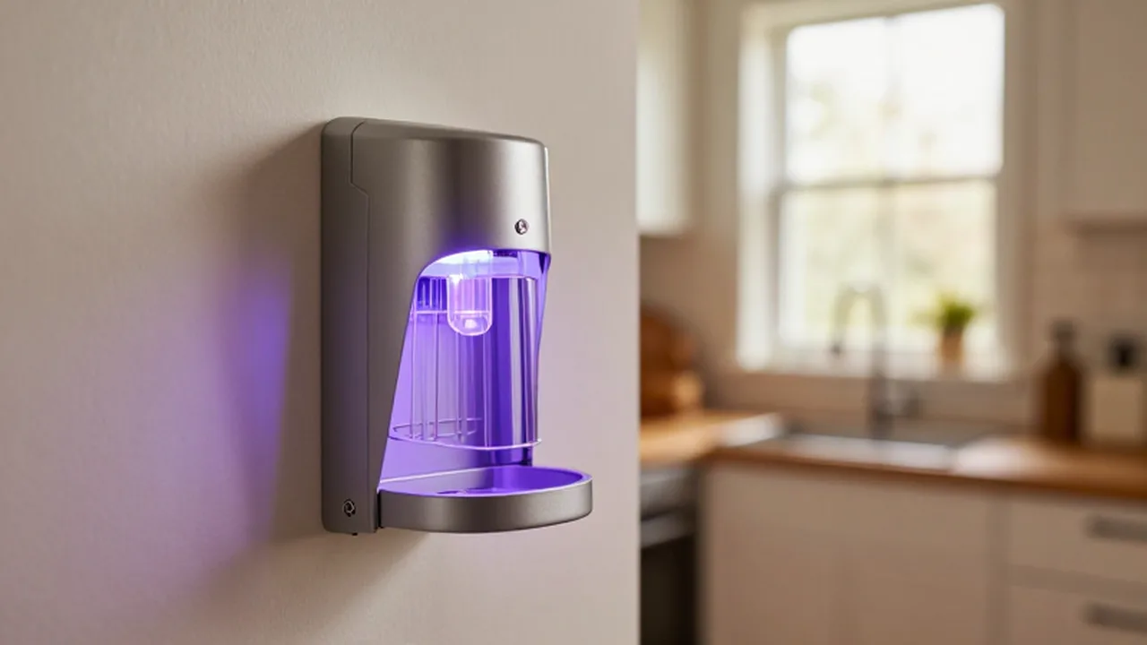 Trampa de luz ultravioleta para insectos instalada en la pared de una cocina iluminada.