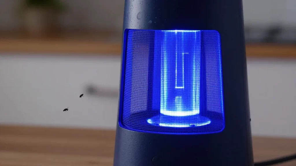 Trampa eléctrica de luz ultravioleta azul para insectos en una cocina moderna.