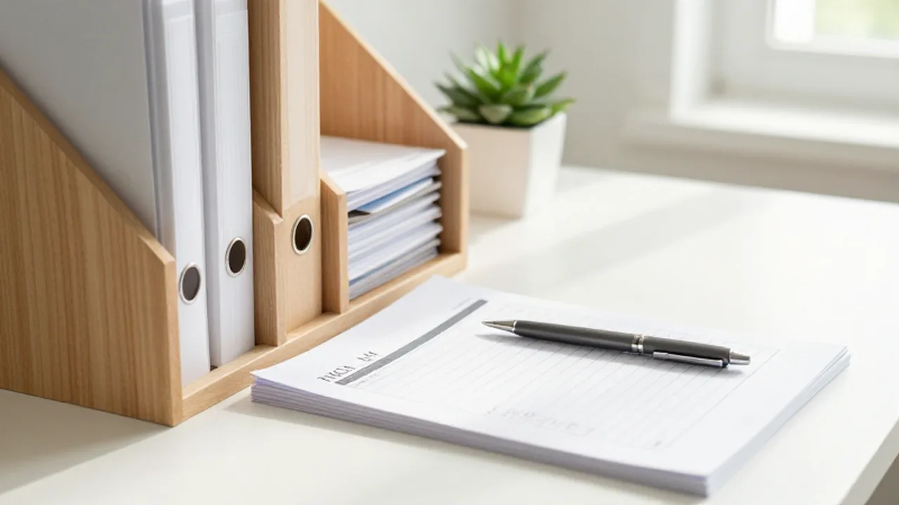 Organizador de madera con carpetas y documentos ordenados sobre un escritorio iluminado por la luz natural.