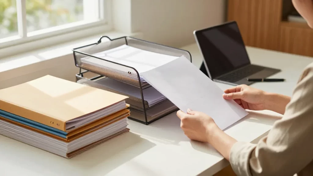 Manos de una persona guardando un documento en una carpeta organizadora sobre un escritorio ordenado.