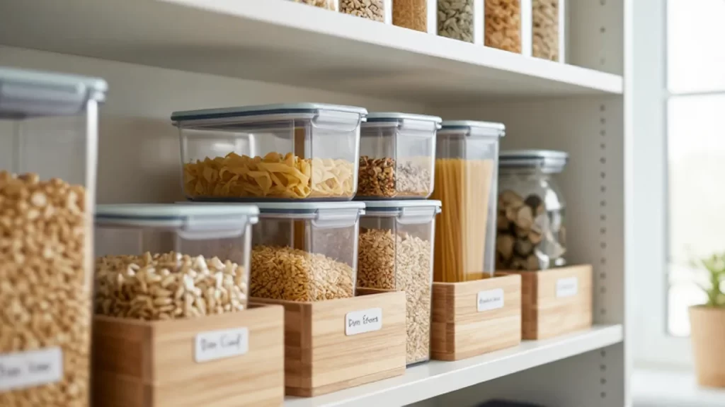 Estantes de despensa organizados con recipientes de vidrio llenos de granos y cestas de madera.
