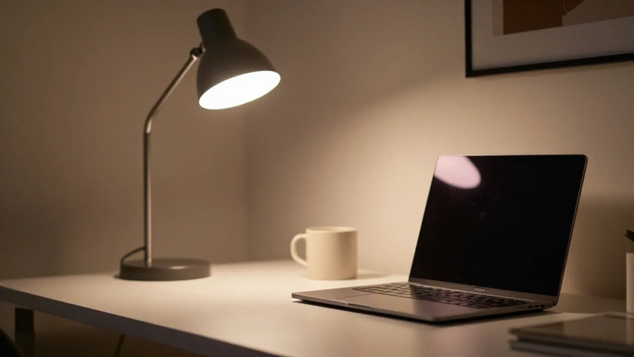 Escritorio de oficina moderno con una lámpara LED iluminando un portátil y un cuaderno.