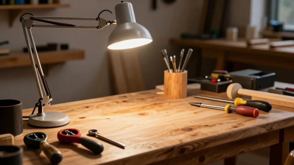 Banco de carpintería de madera con herramientas manuales organizadas bajo la luz de una lámpara LED.