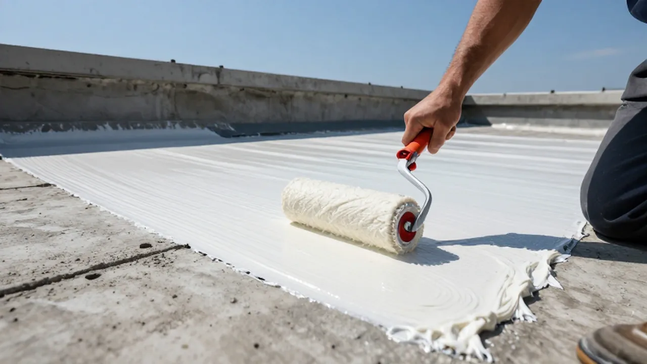 Trabajador aplicando una capa de membrana impermeabilizante blanca sobre una superficie de concreto en una azotea.