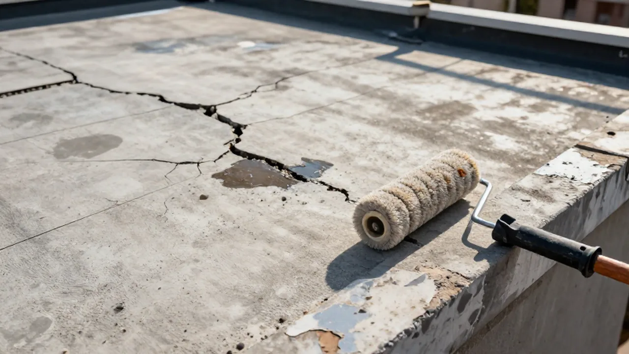 Techo de concreto con grietas y pintura descascarada junto a un rodillo de pintor.