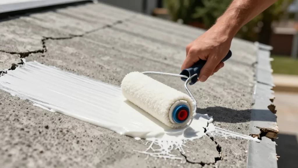 Manos aplicando sellador blanco con un rodillo sobre las grietas de un tejado de concreto.