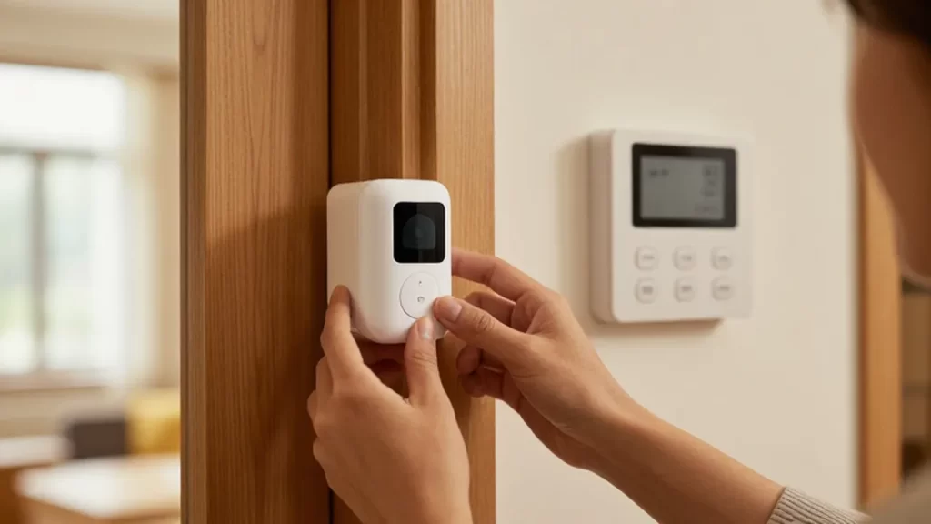 Manos instalando un sensor de seguridad blanco en el marco de una puerta de madera.