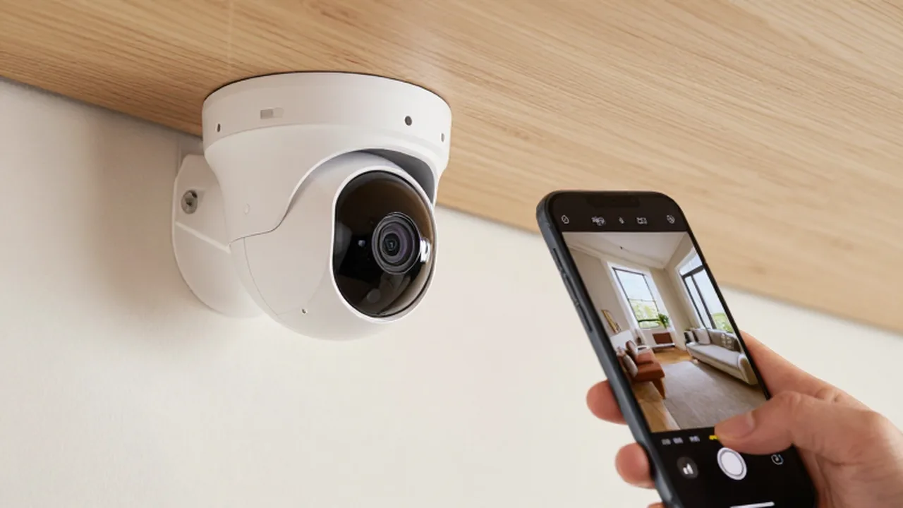 Persona mostrando la videovigilancia en tiempo real de una sala desde un smartphone junto a una cámara de seguridad.